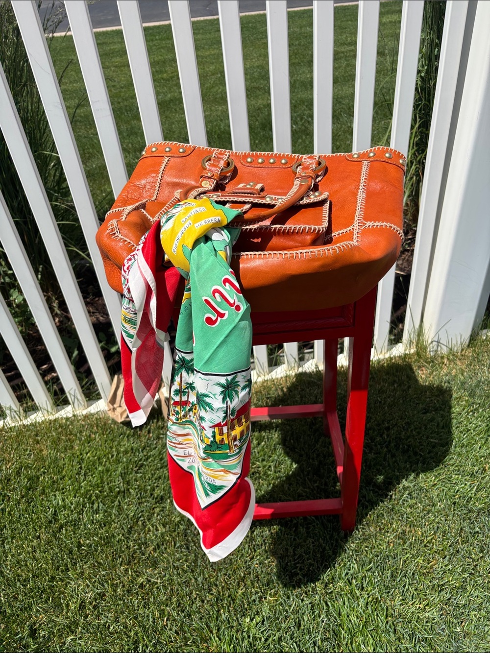 Isabella Fiore Leather Stiched Lrge Satchel, Vintage Panama Scarf, Gorgeous - Picture 8 of 11